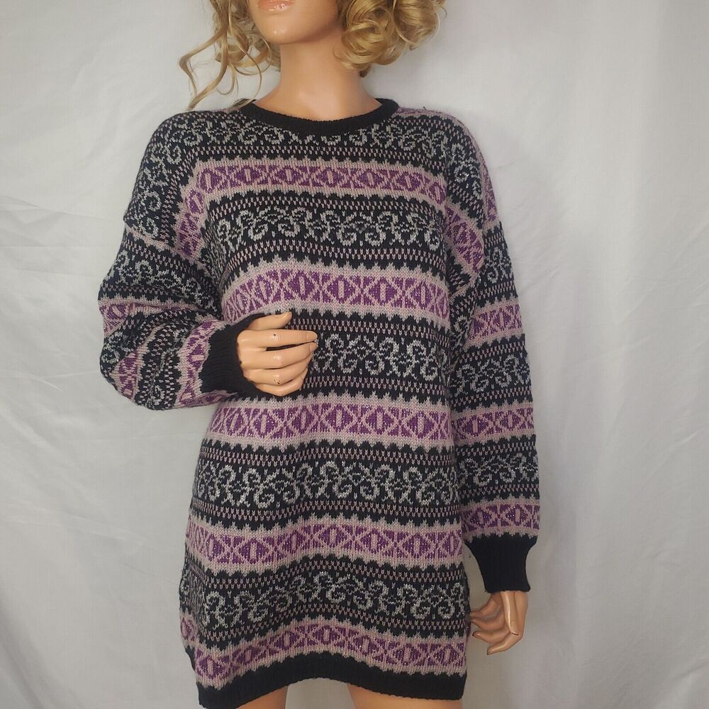 Vintage Keera Knitwear Ireland New Wool Fair Isle Lavender/Pink Sweater Lg